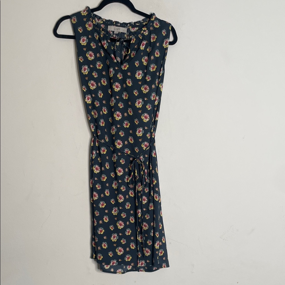 LOFT Navy Floral Tie-Waist Midi Dress